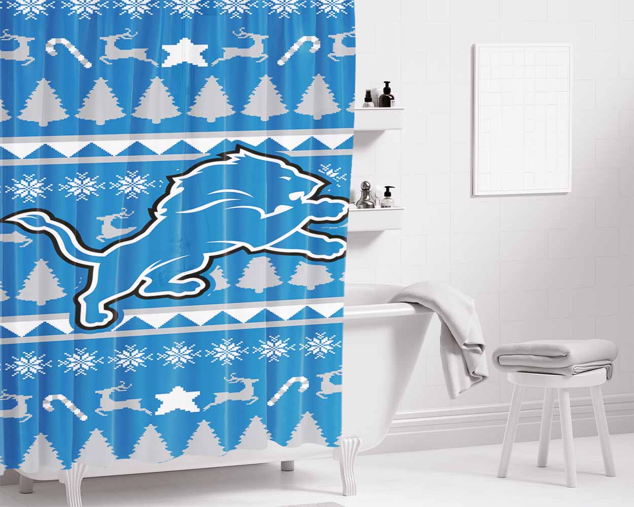 Detroit Lions Christmas Sweater Bathroom Shower Curtain Fabric Waterproof | 66 X 72 Inch