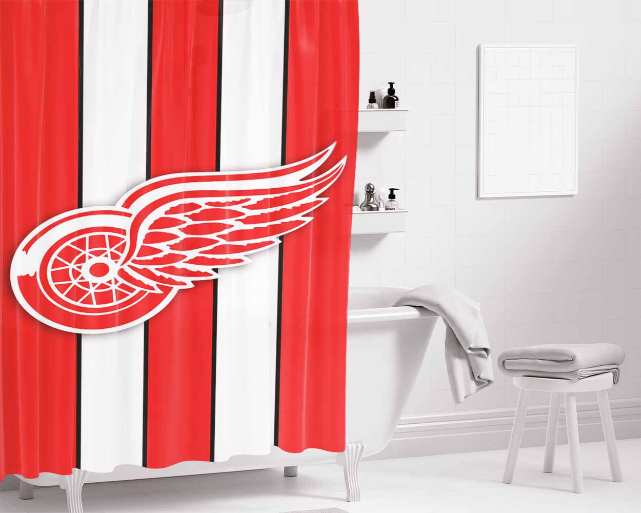 Detroit Red Wings Stripe Football Logo Bathroom Shower Curtain Fabric Waterproof | 66 X 72 Inch