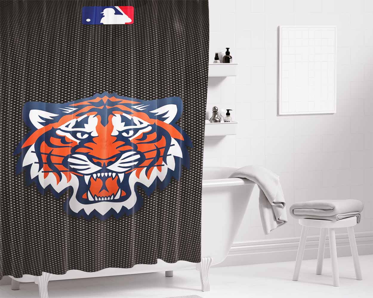 Detroit Tigers Icons Bathroom Shower Curtain Fabric Waterproof | 66 X 72 Inch