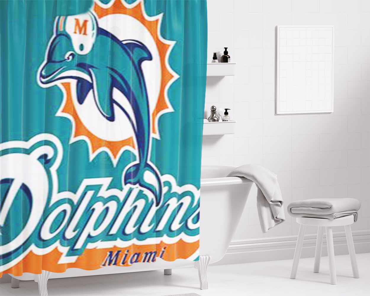 Dolphins Miami Bathroom Shower Curtain Fabric Waterproof | 66 X 72 Inch