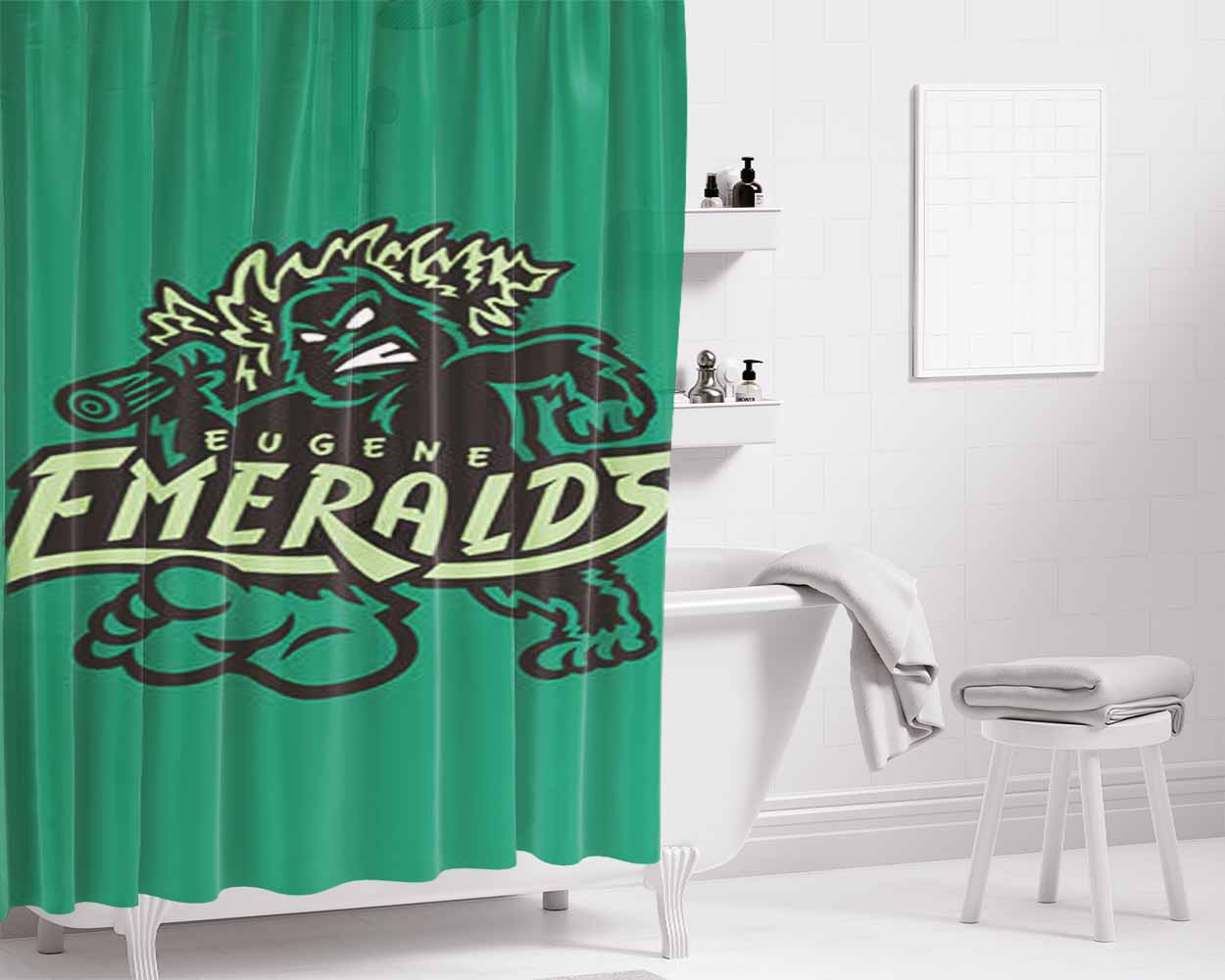 Eugene Emeralds Basebal Logo Green Bathroom Shower Curtain Fabric Waterproof | 66 X 72 Inch