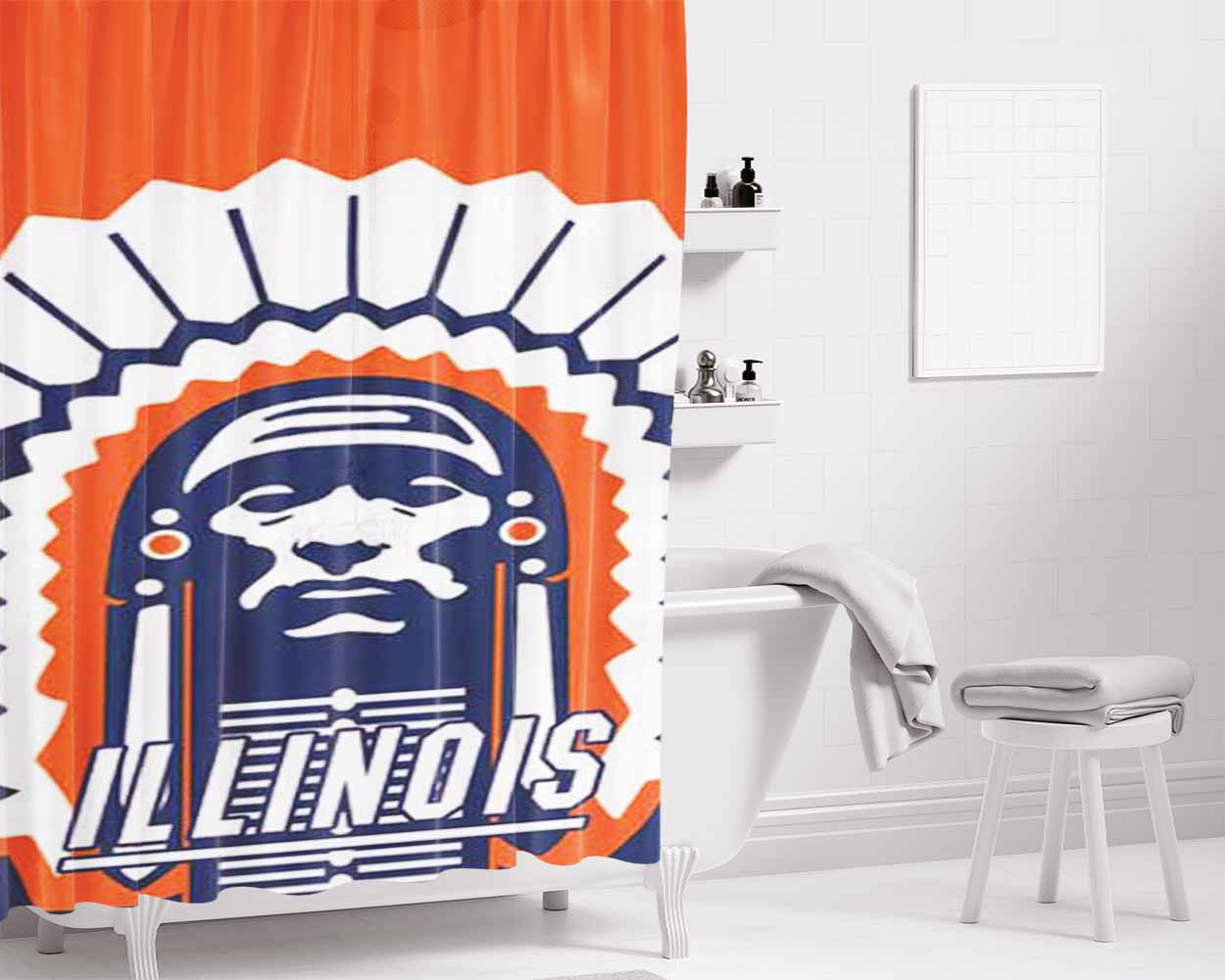 Fighting Illini Logo Orange Bathroom Shower Curtain Fabric Waterproof | 66 X 72 Inch