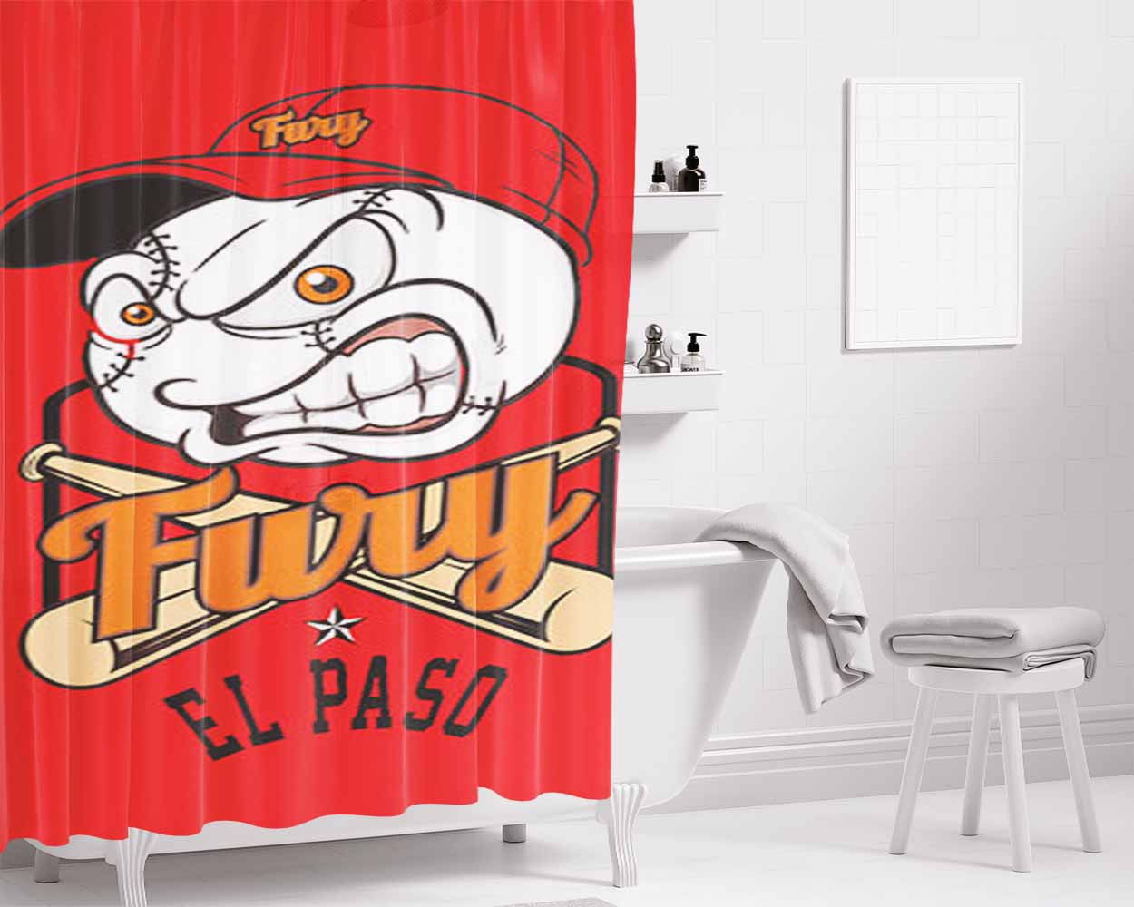 Fury El Paso Baseball Logo Red Bathroom Shower Curtain Fabric Waterproof | 66 X 72 Inch