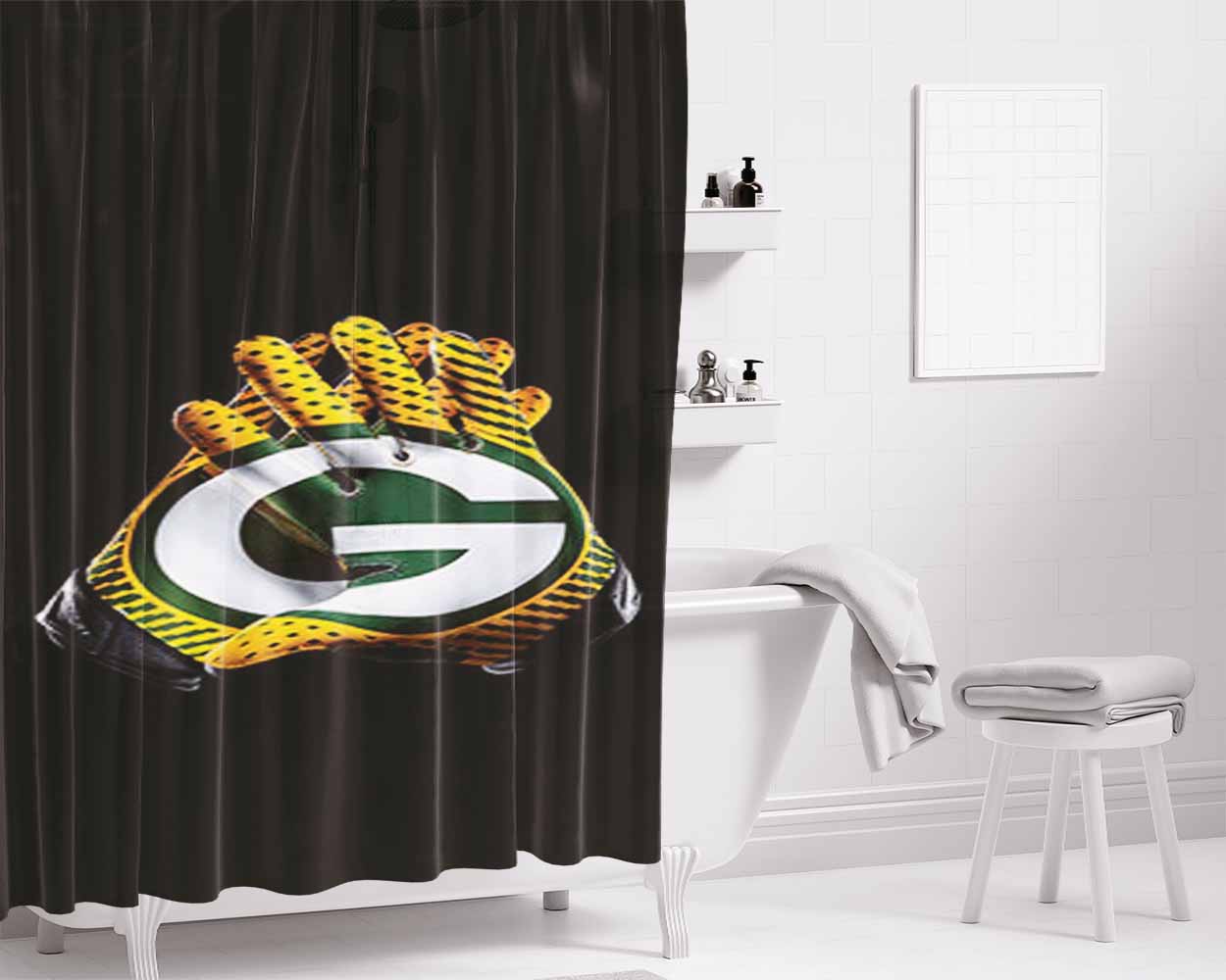 Green Bay Packer On Gloves Bathroom Shower Curtain Fabric Waterproof | 66 X 72 Inch