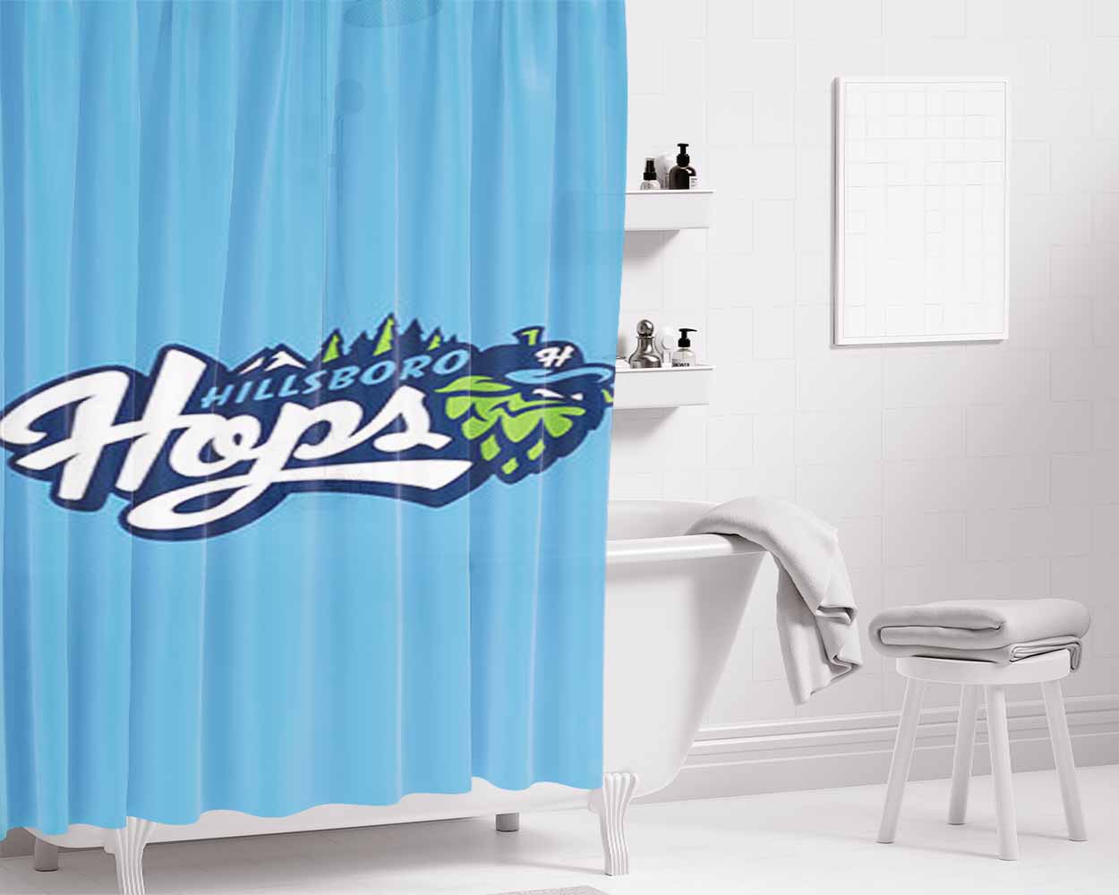Hillsboro Hops Baseball Logo Blue Bathroom Shower Curtain Fabric Waterproof | 66 X 72 Inch