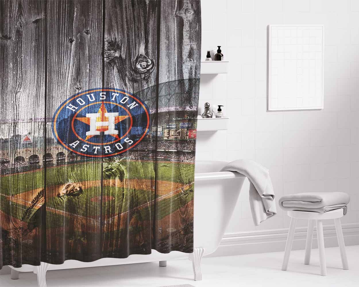 Houston Astros Mlb Stadium Logo Dark Wood Wallpaper Bathroom Shower Curtain Fabric Waterproof | 66 X 72 Inch
