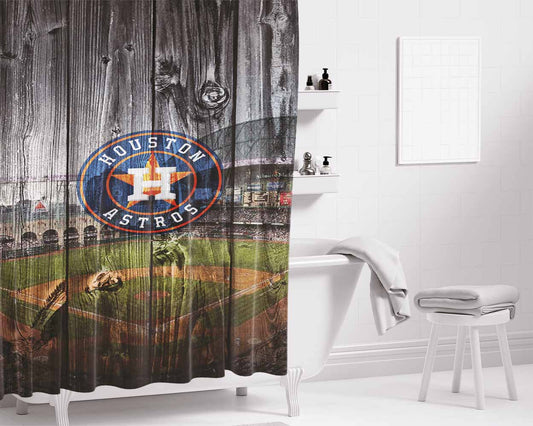 Houston Astros Mlb Stadium Logo Dark Wood Wallpaper Bathroom Shower Curtain Fabric Waterproof | 66 X 72 Inch
