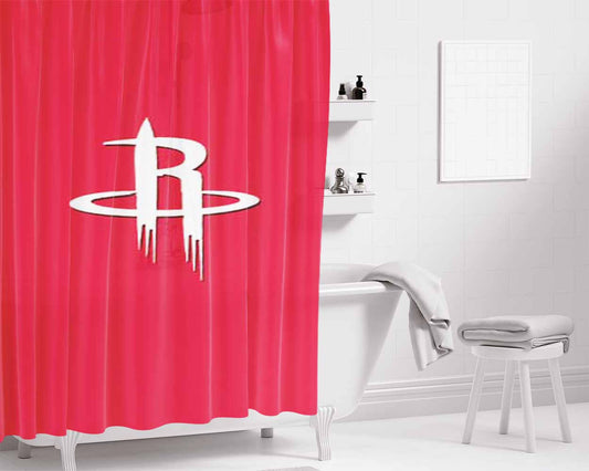 Houston Rockets Logo Over Red Bathroom Shower Curtain Fabric Waterproof | 66 X 72 Inch