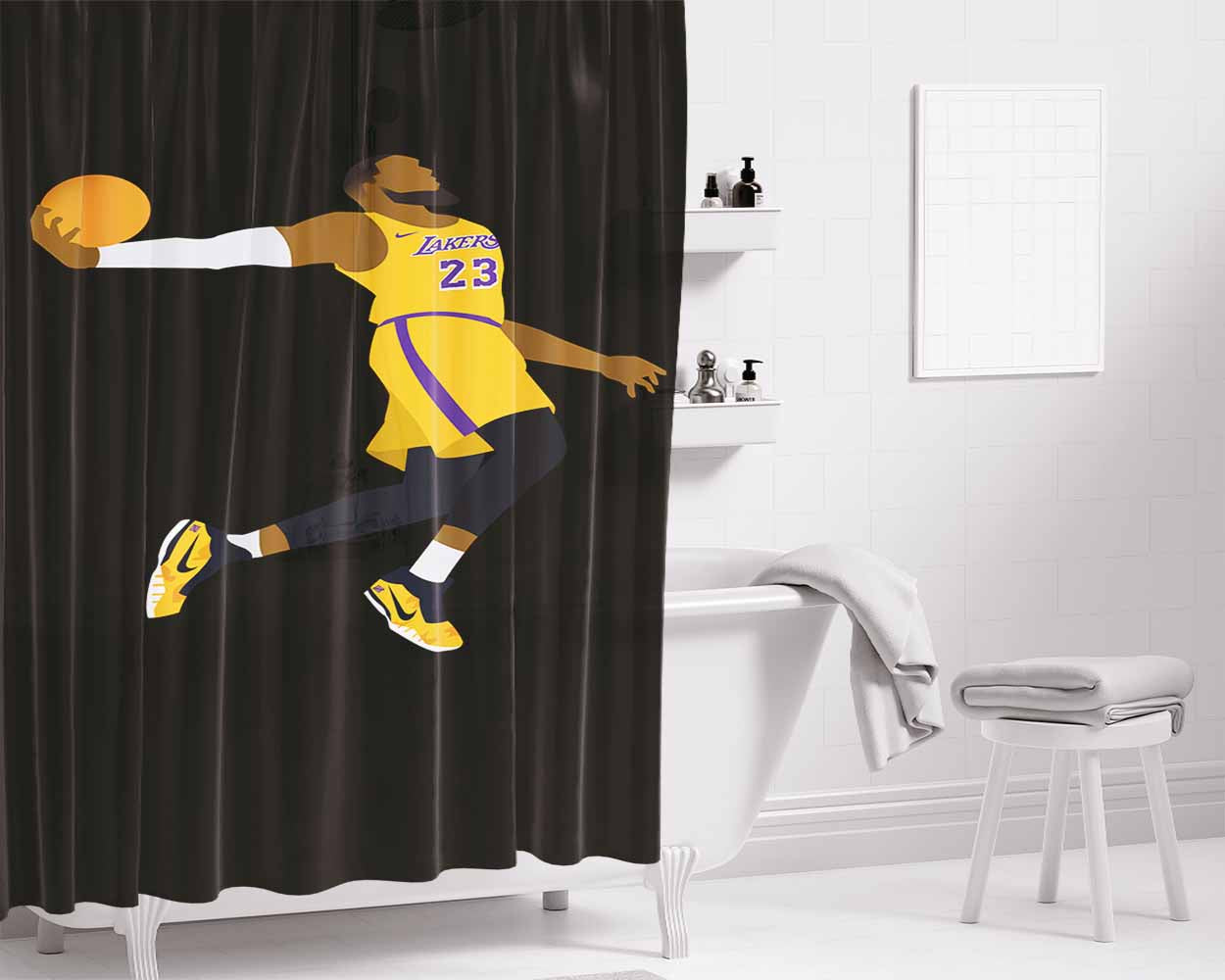 Jame Lebron Jump Slamdunk Nba Lakers Bathroom Shower Curtain Fabric Waterproof | 66 X 72 Inch