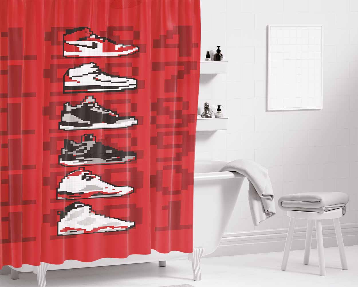 Jordan Sneaker Collection 8 Bit Style Bathroom Shower Curtain Fabric Waterproof | 66 X 72 Inch