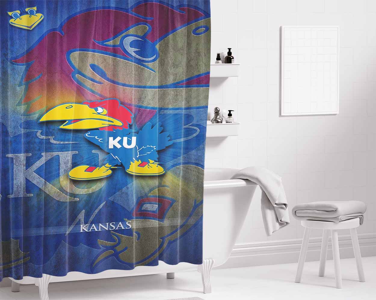 Kansas Jayhawk Logo Wallpaper Bathroom Shower Curtain Fabric Waterproof | 66 X 72 Inch