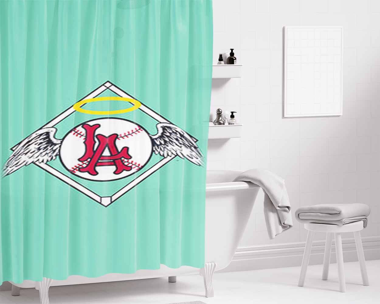 La Baseball Logo Light Blue Bathroom Shower Curtain Fabric Waterproof | 66 X 72 Inch