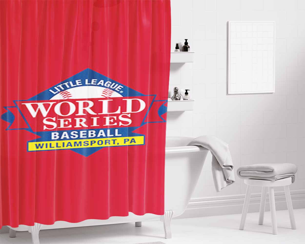 Little Lague World Series Baseball Logo Red Bathroom Shower Curtain Fabric Waterproof | 66 X 72 Inch