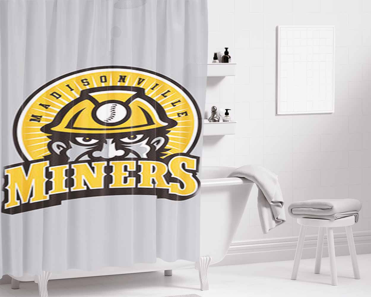 Madisonn Ville Miner Baseball Logo Gray Bathroom Shower Curtain Fabric Waterproof | 66 X 72 Inch