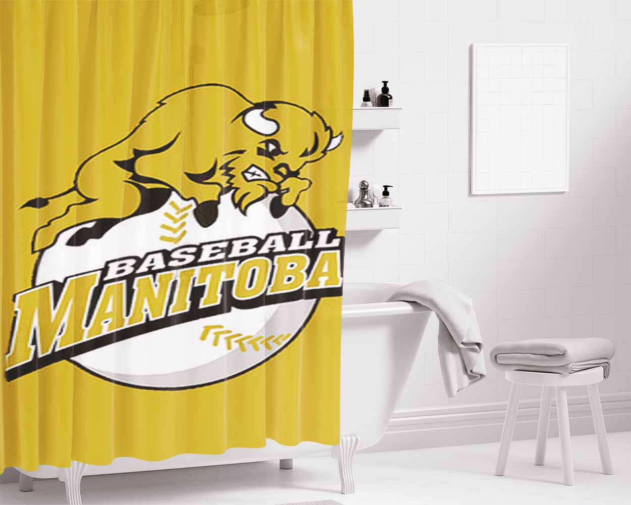 Manitoba Baseball Logo Gold Bathroom Shower Curtain Fabric Waterproof | 66 X 72 Inch