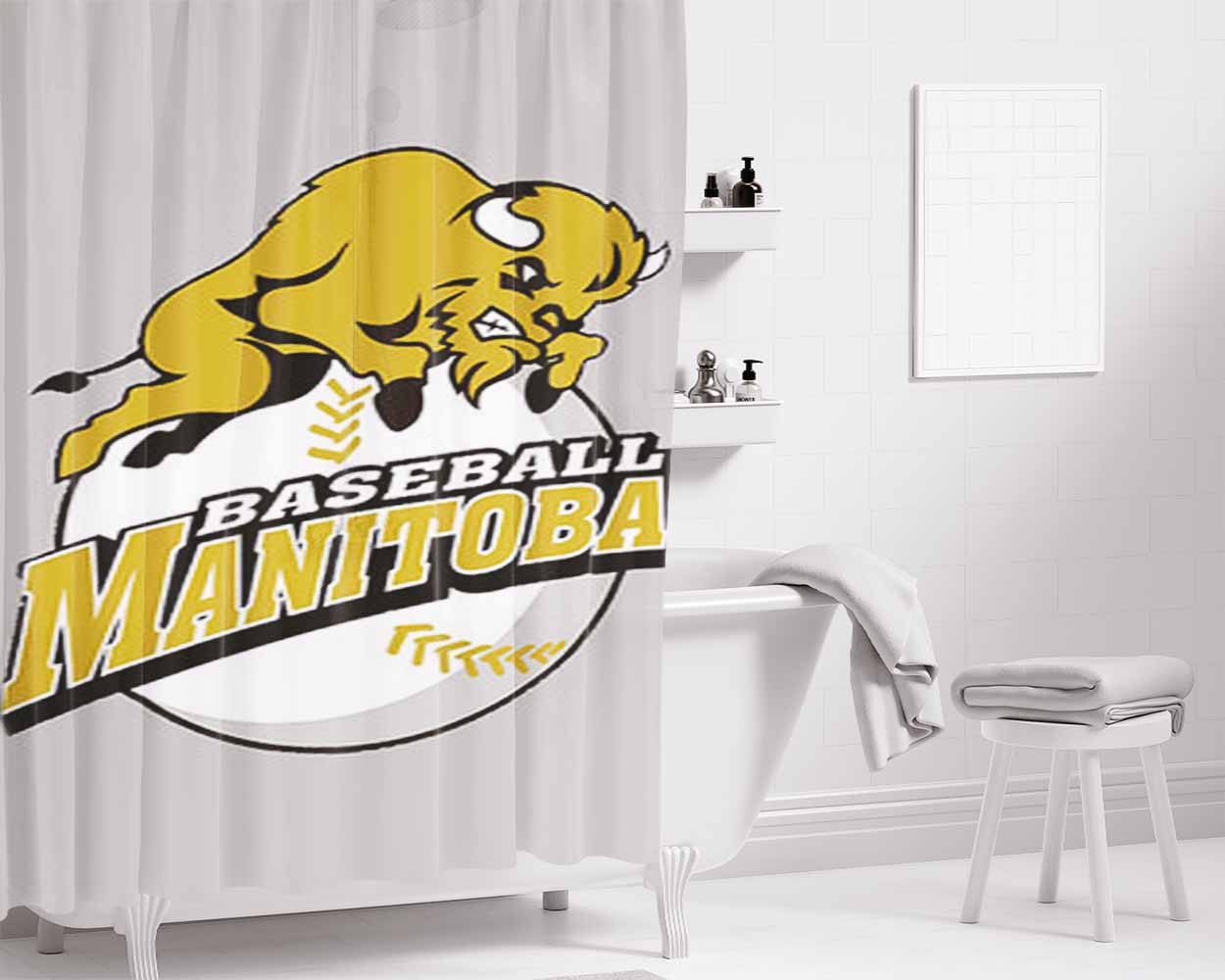 Manitoba Baseball Logo Gray Bathroom Shower Curtain Fabric Waterproof | 66 X 72 Inch