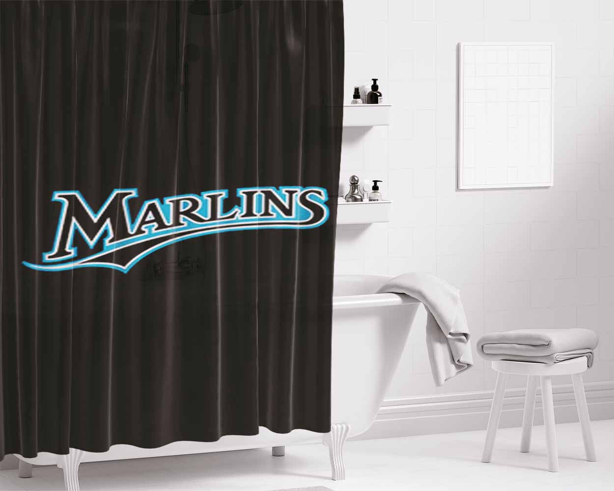 Marlins Baseball Logo Black Bathroom Shower Curtain Fabric Waterproof | 66 X 72 Inch