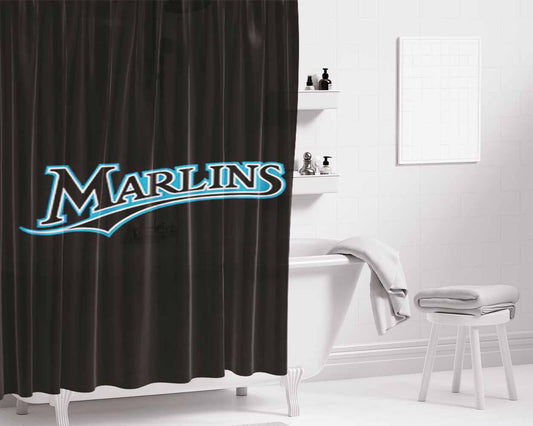 Marlins Baseball Logo Black Bathroom Shower Curtain Fabric Waterproof | 66 X 72 Inch