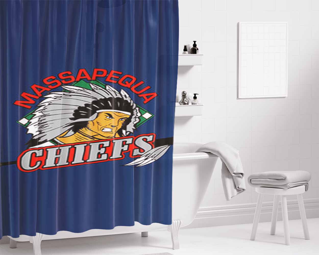 Massapequa Chiefs Baseball Logo Blue Bathroom Shower Curtain Fabric Waterproof | 66 X 72 Inch