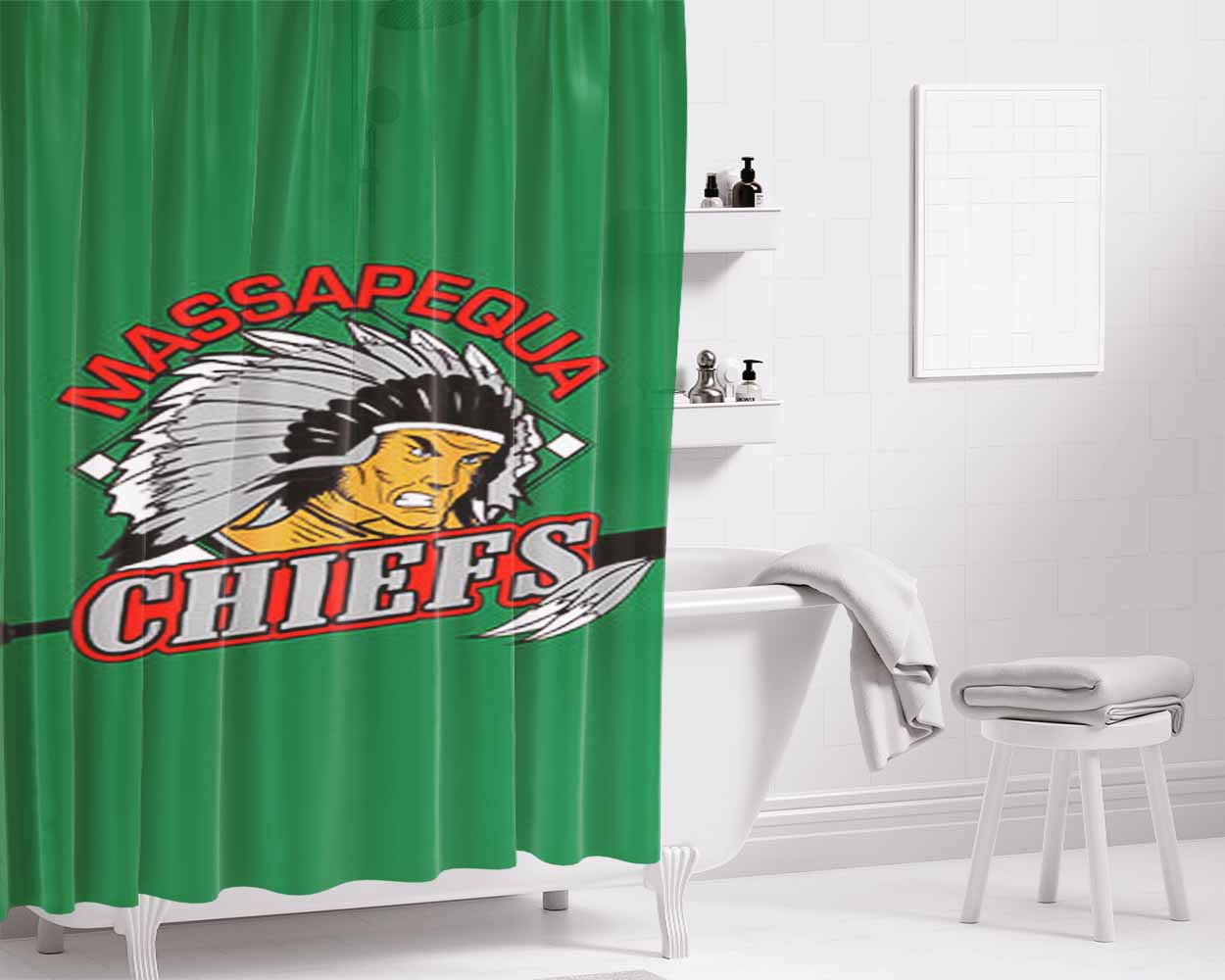 Massapequa Chiefs Baseball Logo Green Bathroom Shower Curtain Fabric Waterproof | 66 X 72 Inch