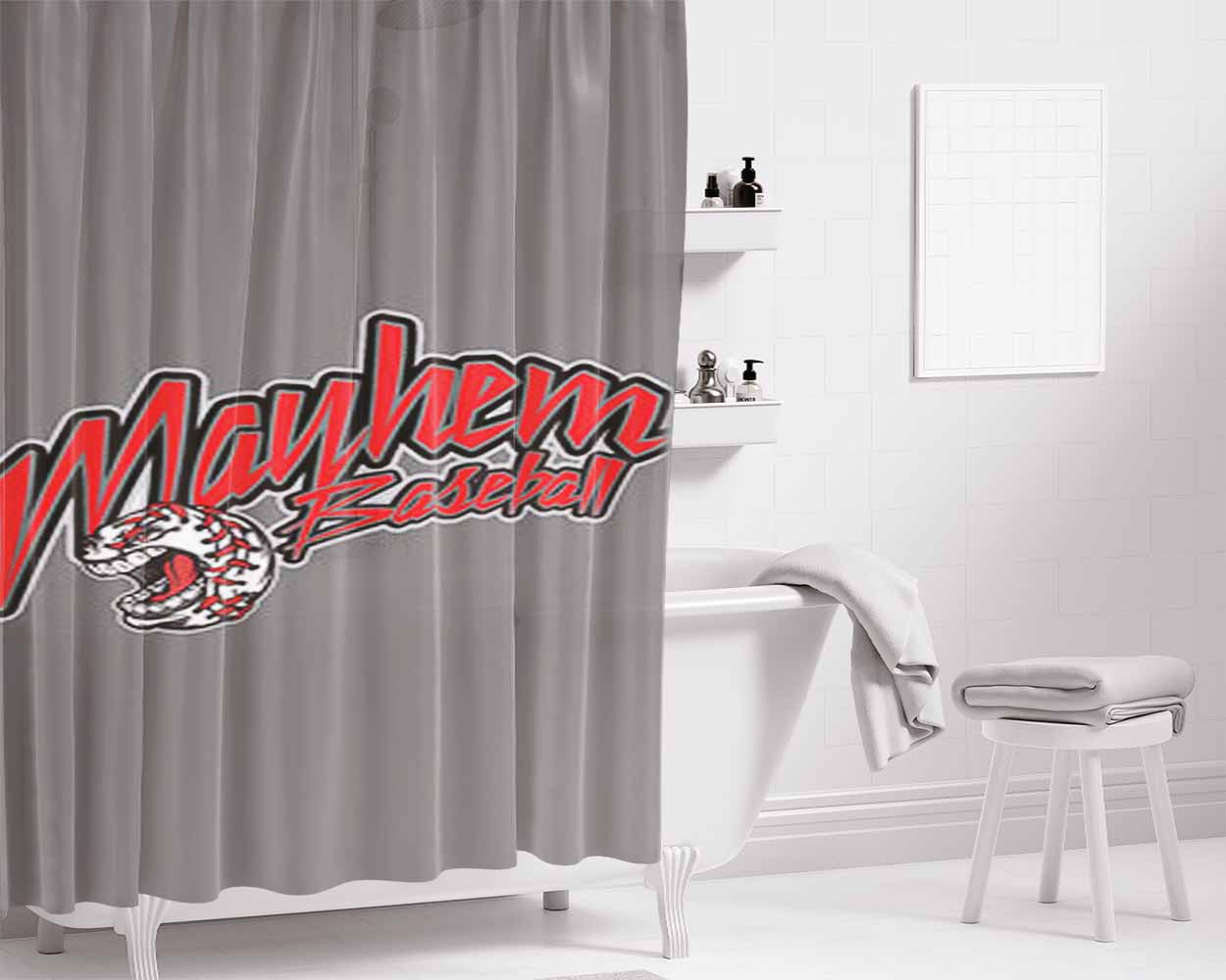 Mayhem Baseball Logo Gray Bathroom Shower Curtain Fabric Waterproof | 66 X 72 Inch