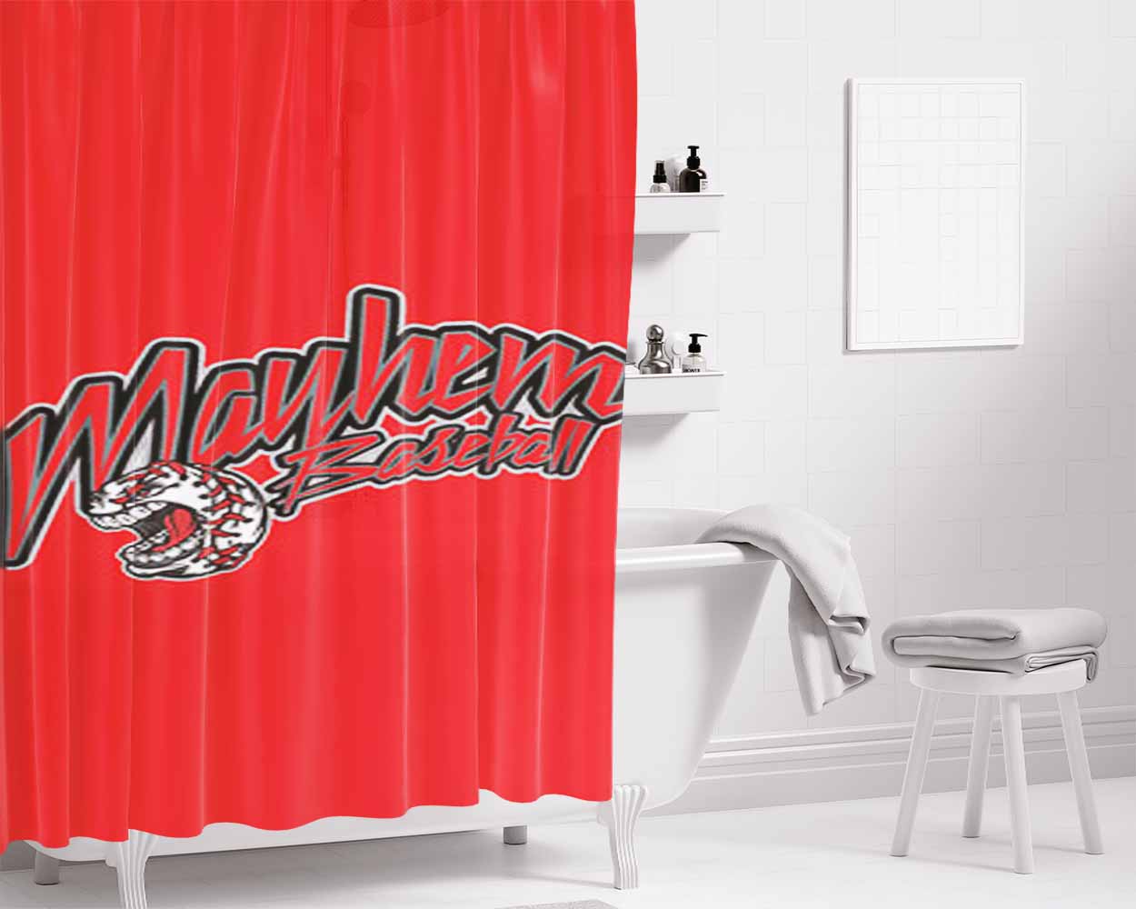 Mayhem Baseball Logo Red Bathroom Shower Curtain Fabric Waterproof | 66 X 72 Inch