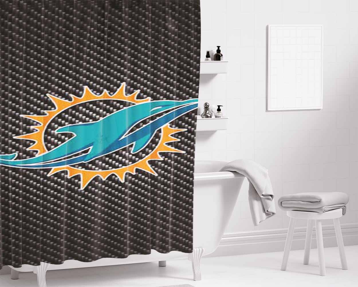 Miami Dolphins Carbon Fiber Bathroom Shower Curtain Fabric Waterproof | 66 X 72 Inch