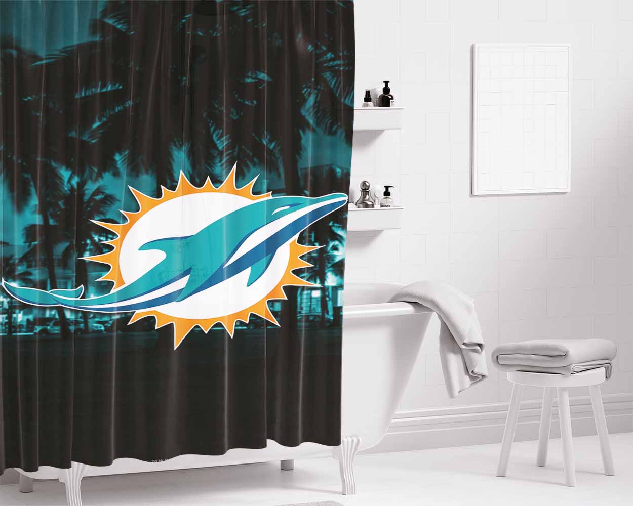 Miami Dolphins Emblem Bathroom Shower Curtain Fabric Waterproof | 66 X 72 Inch