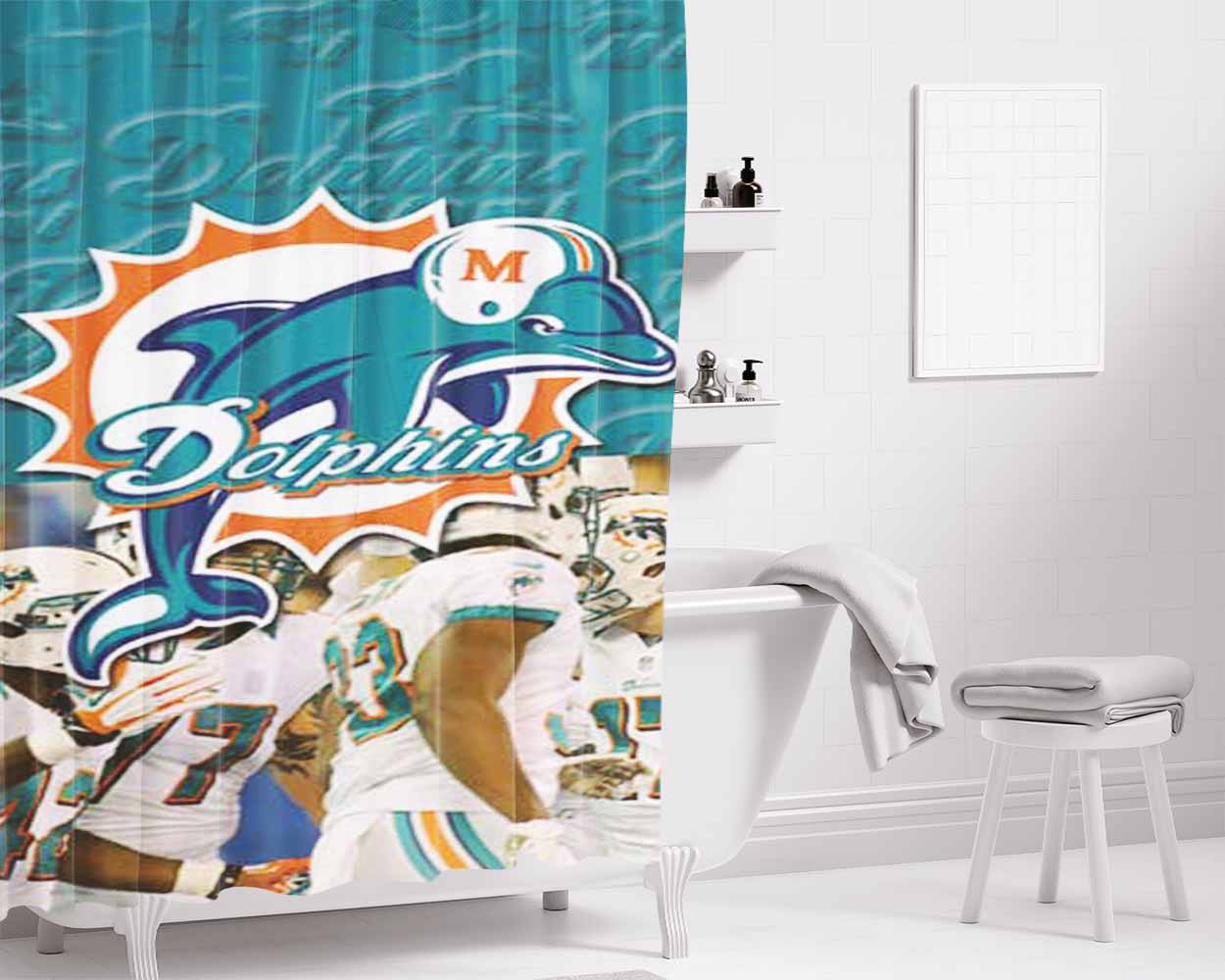 Miami Dolphins Halves Bathroom Shower Curtain Fabric Waterproof | 66 X 72 Inch