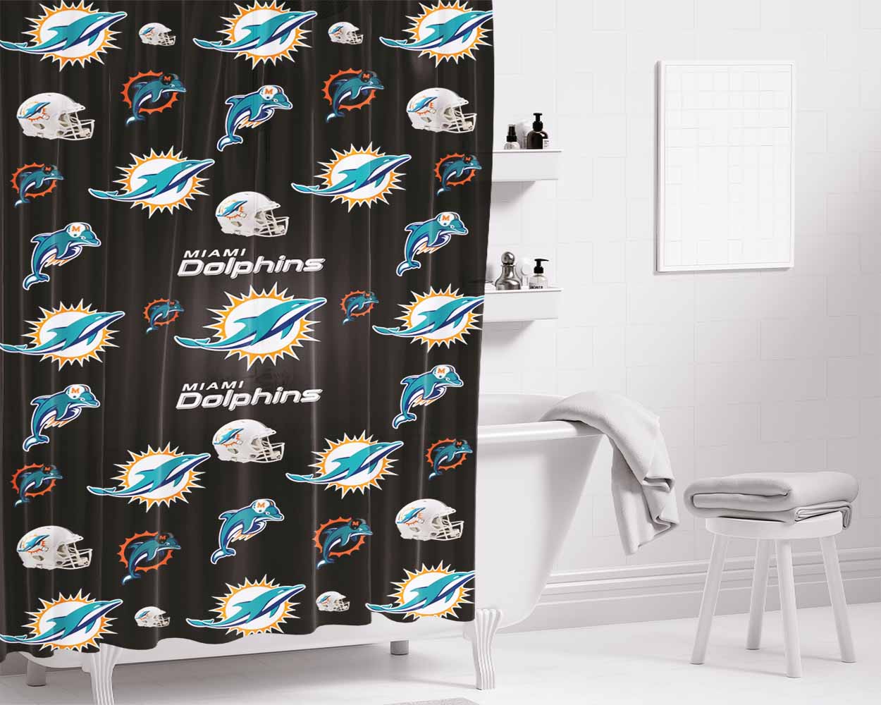 Miami Dolphins Logo Pattern Bathroom Shower Curtain Fabric Waterproof | 66 X 72 Inch