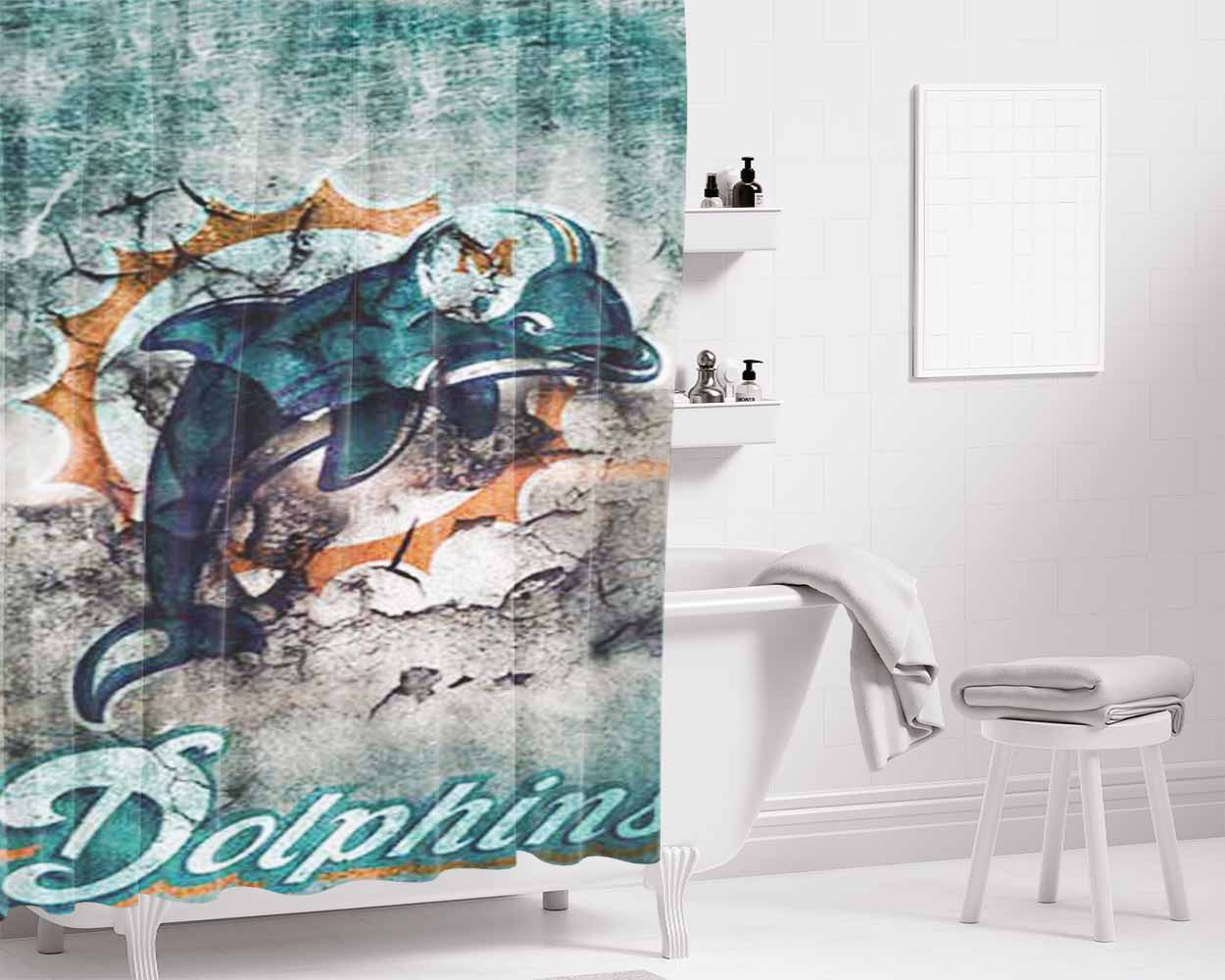 Miami Dolphins Peeling Bathroom Shower Curtain Fabric Waterproof | 66 X 72 Inch