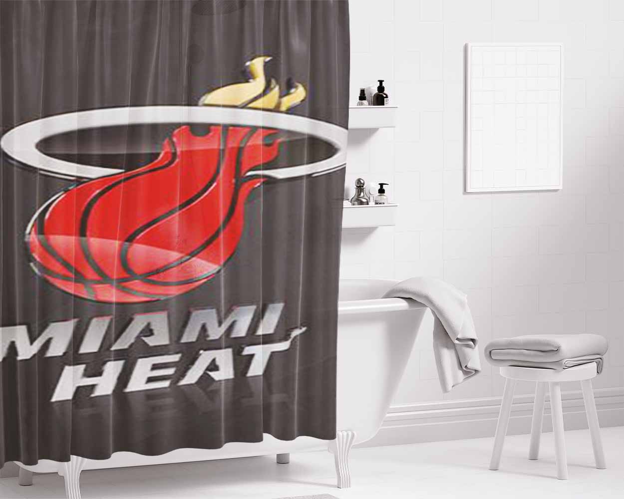 Miami Heat Metal Glossy Logo Bathroom Shower Curtain Fabric Waterproof | 66 X 72 Inch
