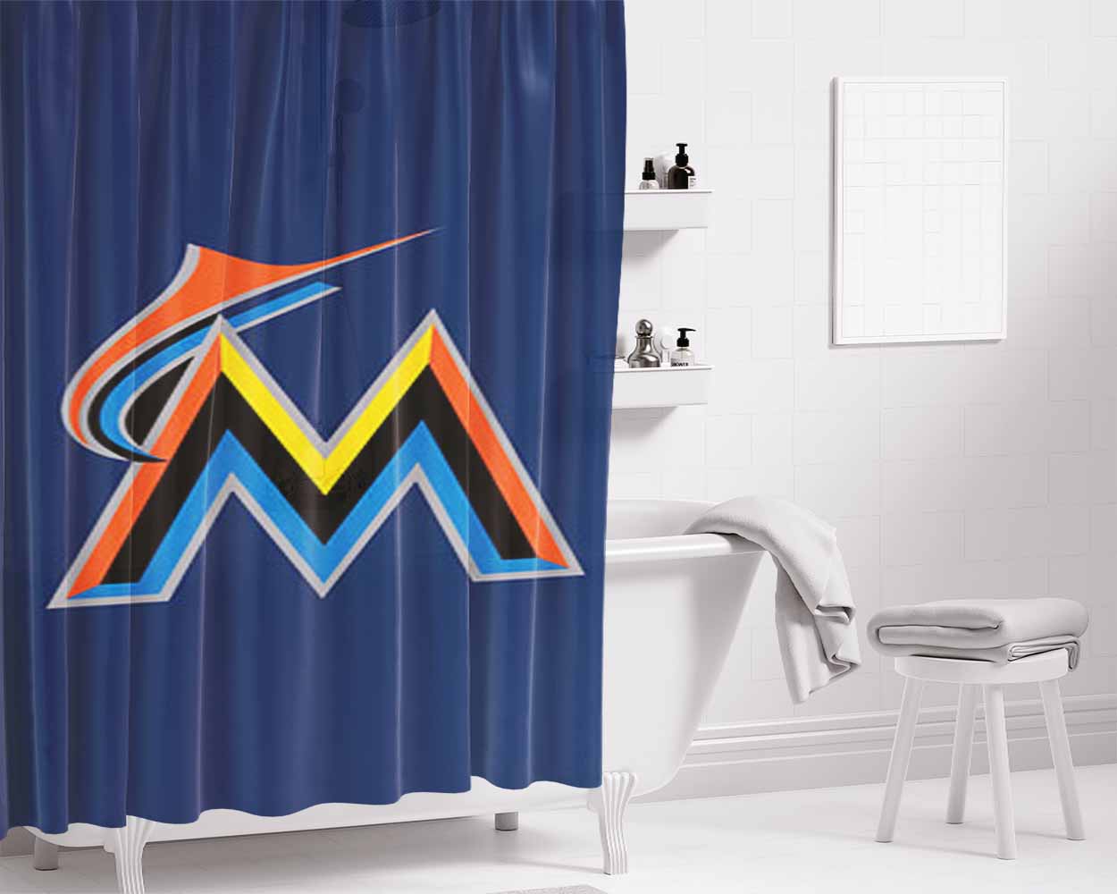 Miami Marlins Baseball Logo Blue Bathroom Shower Curtain Fabric Waterproof | 66 X 72 Inch