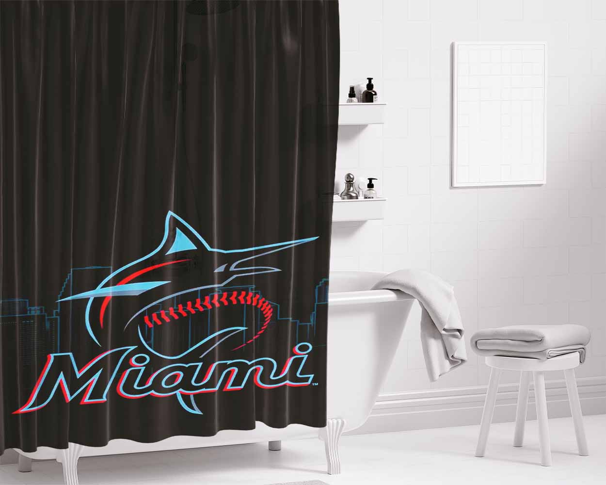 Miami Marlins Baseball Team Emblem Bathroom Shower Curtain Fabric Waterproof | 66 X 72 Inch