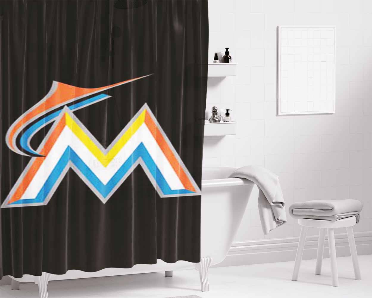 Miami Marlins Logo On Blk Bathroom Shower Curtain Fabric Waterproof | 66 X 72 Inch