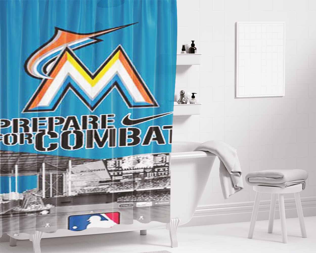 Miami Marlins Bathroom Shower Curtain Fabric Waterproof | 66 X 72 Inch