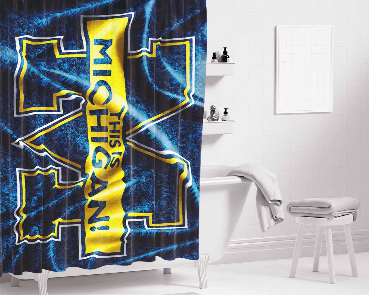 Michigan Flag Art Blue Bathroom Shower Curtain Fabric Waterproof | 66 X 72 Inch