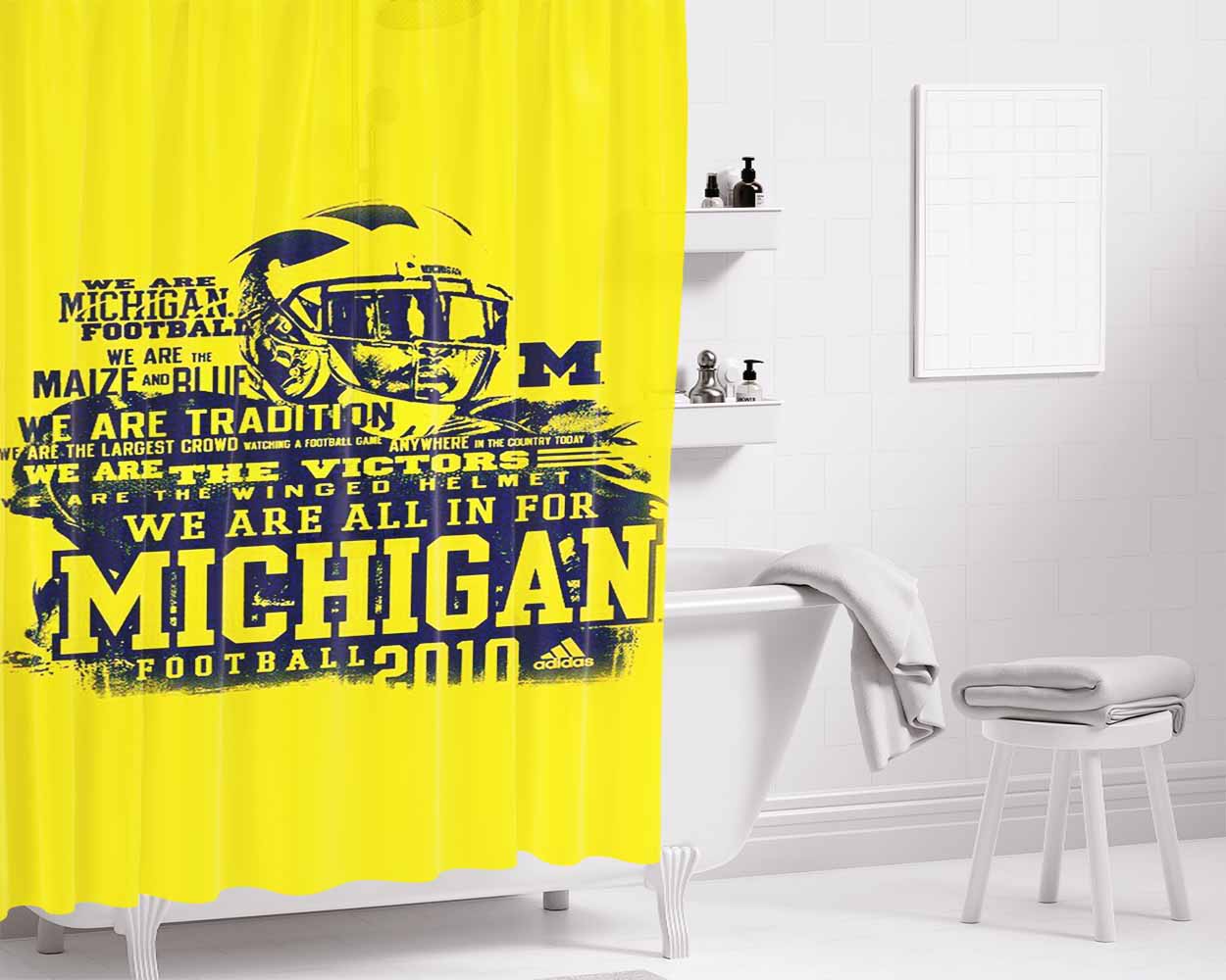 Michigan Football Doodle Font Art Bathroom Shower Curtain Fabric Waterproof | 66 X 72 Inch