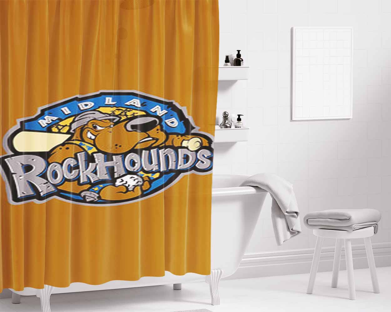 Miland Rock Hounds Baseball Logo Gold Bathroom Shower Curtain Fabric Waterproof | 66 X 72 Inch