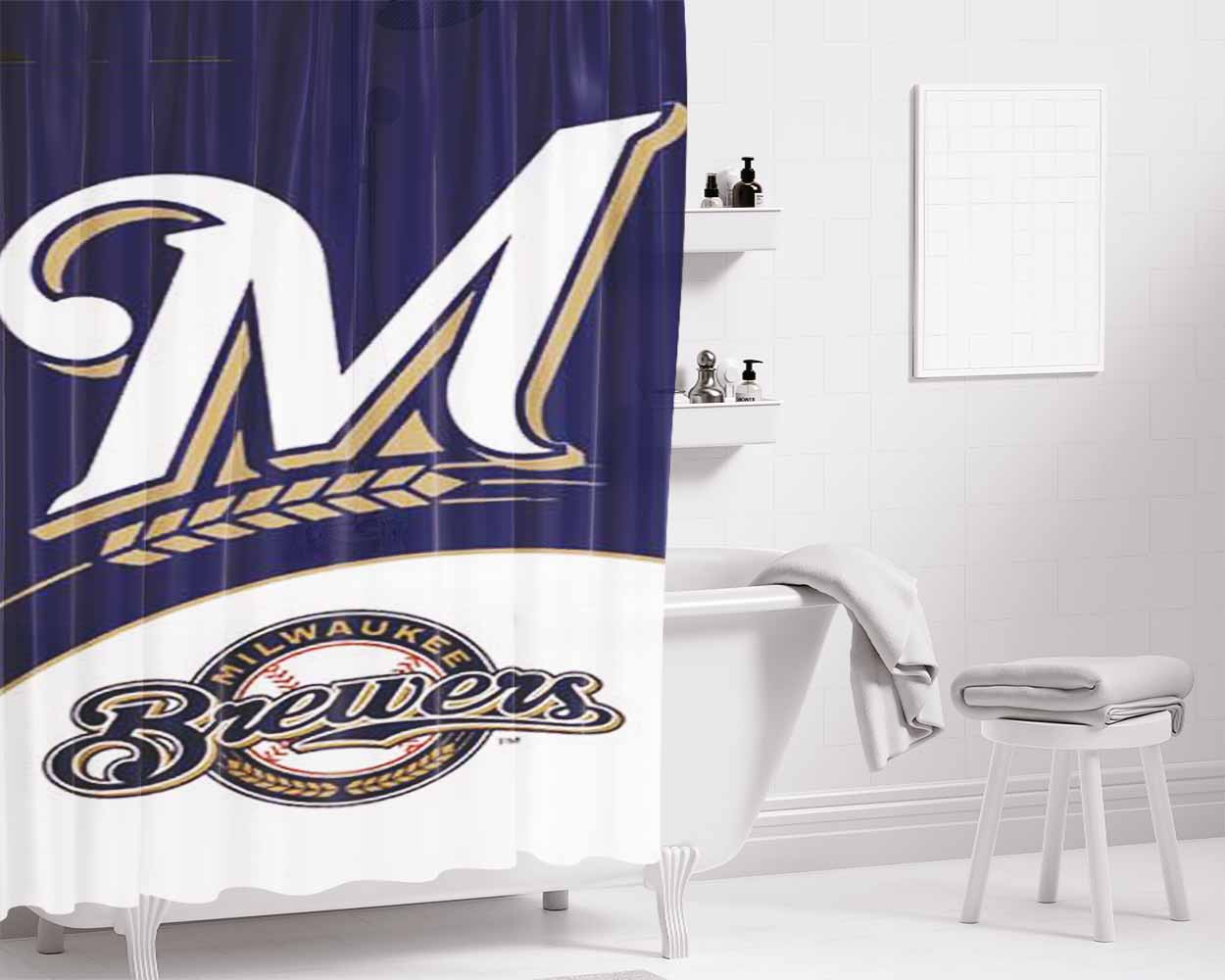 Milwaukee Brewers Blue Wht Bathroom Shower Curtain Fabric Waterproof | 66 X 72 Inch