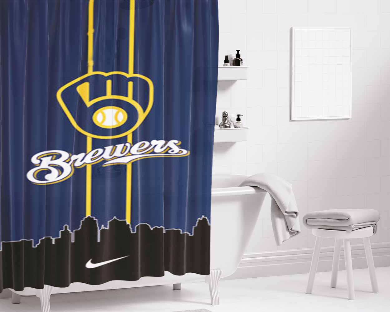 Milwaukee Brewers Mlb Team Bathroom Shower Curtain Fabric Waterproof | 66 X 72 Inch