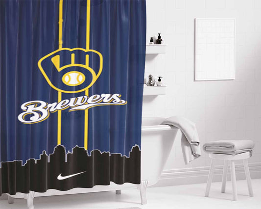 Milwaukee Brewers Mlb Team Bathroom Shower Curtain Fabric Waterproof | 66 X 72 Inch