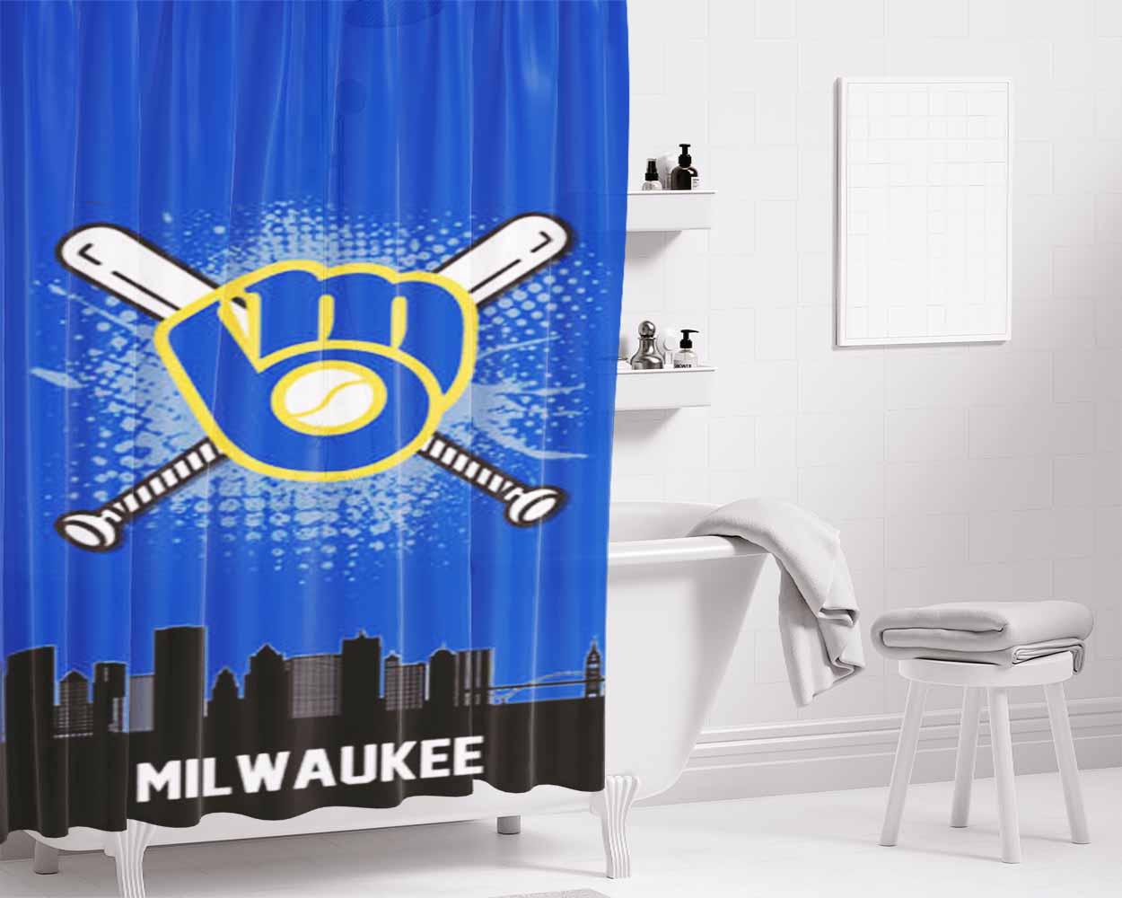 Milwaukee Brewers Team Logo Bathroom Shower Curtain Fabric Waterproof | 66 X 72 Inch