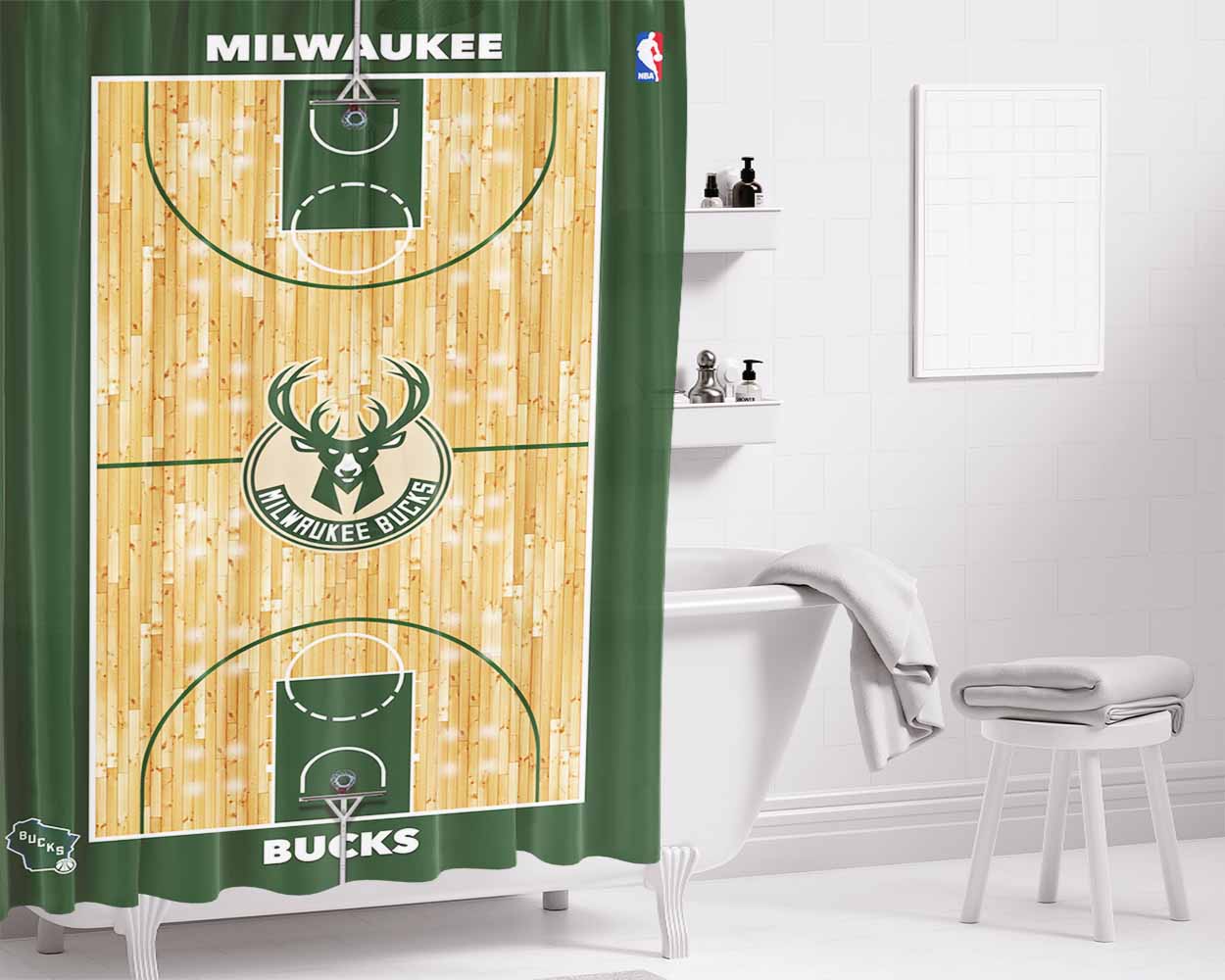 Milwaukee Bucks Basket Bathroom Shower Curtain Fabric Waterproof | 66 X 72 Inch