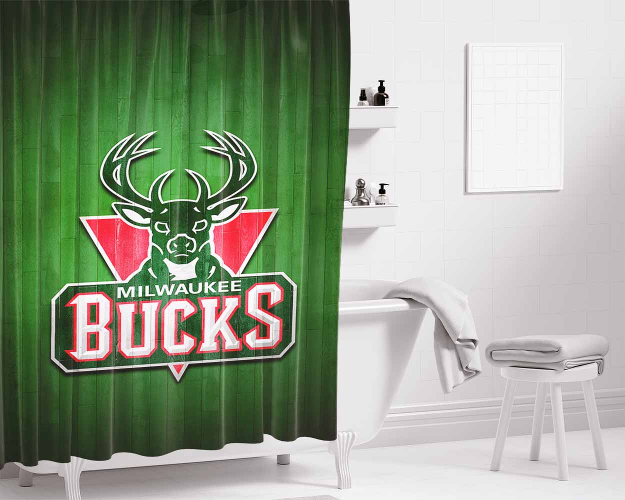 Milwaukee Bucks Hardwood Bathroom Shower Curtain Fabric Waterproof | 66 X 72 Inch