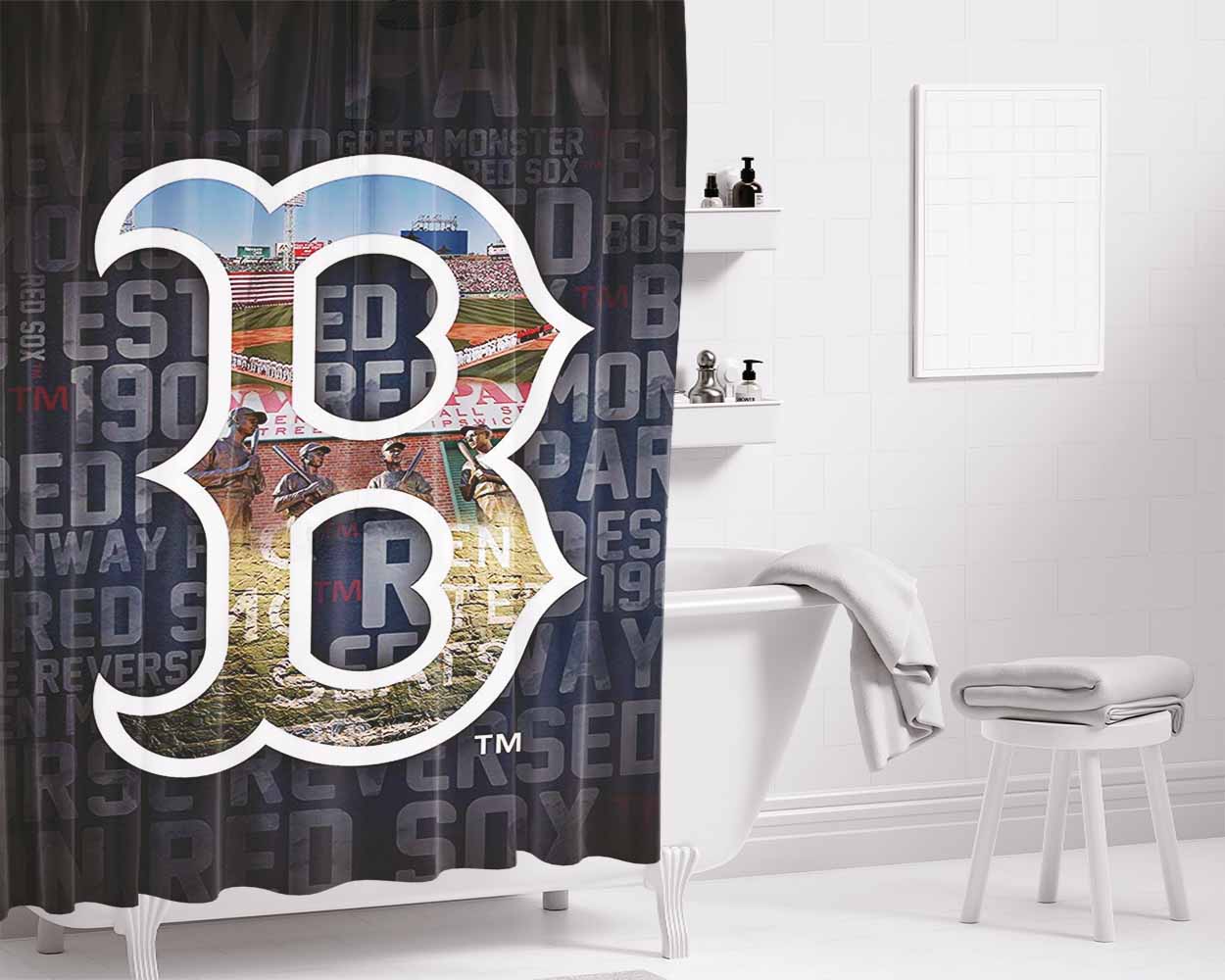 Mlb Boston Red Bathroom Shower Curtain Fabric Waterproof | 66 X 72 Inch