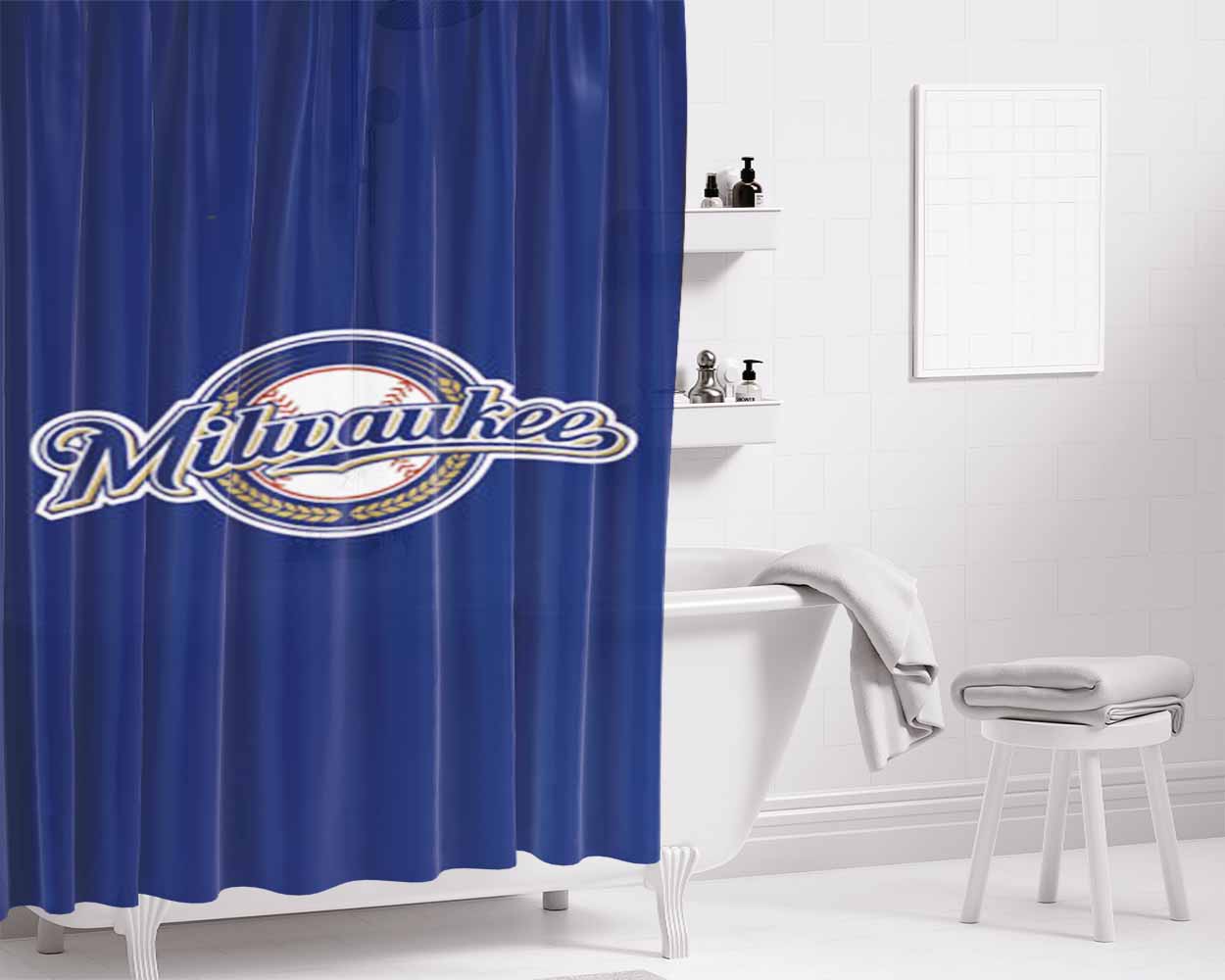 Mlb Milwaukee Brewers Bathroom Shower Curtain Fabric Waterproof | 66 X 72 Inch