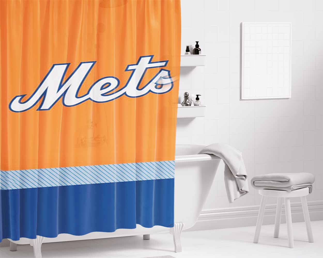Mlb New York Mets Bathroom Shower Curtain Fabric Waterproof | 66 X 72 Inch