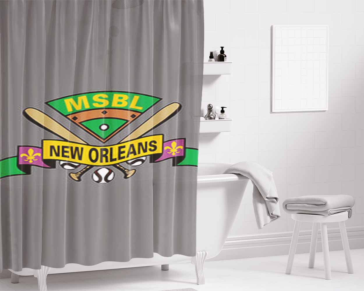 Msbl New Orleans Baseball Logo Gray Bathroom Shower Curtain Fabric Waterproof | 66 X 72 Inch