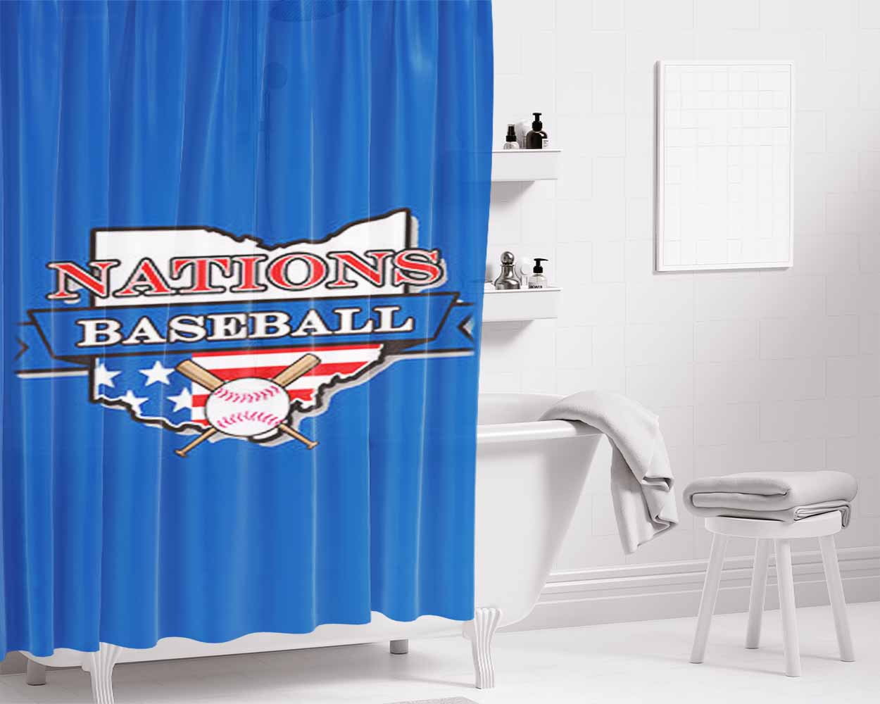 Nations Baseball Logo Blue Bathroom Shower Curtain Fabric Waterproof | 66 X 72 Inch